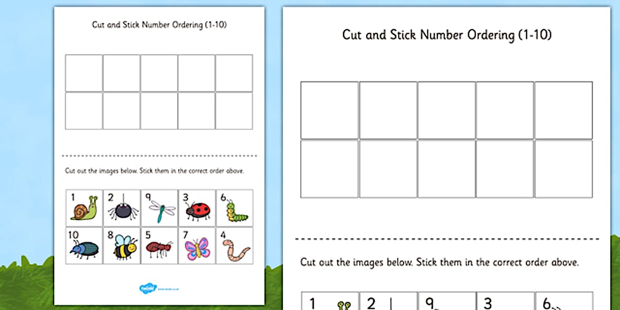Black and White Minibeast Themed Cut and Stick Number Ordering Sheets 1-10