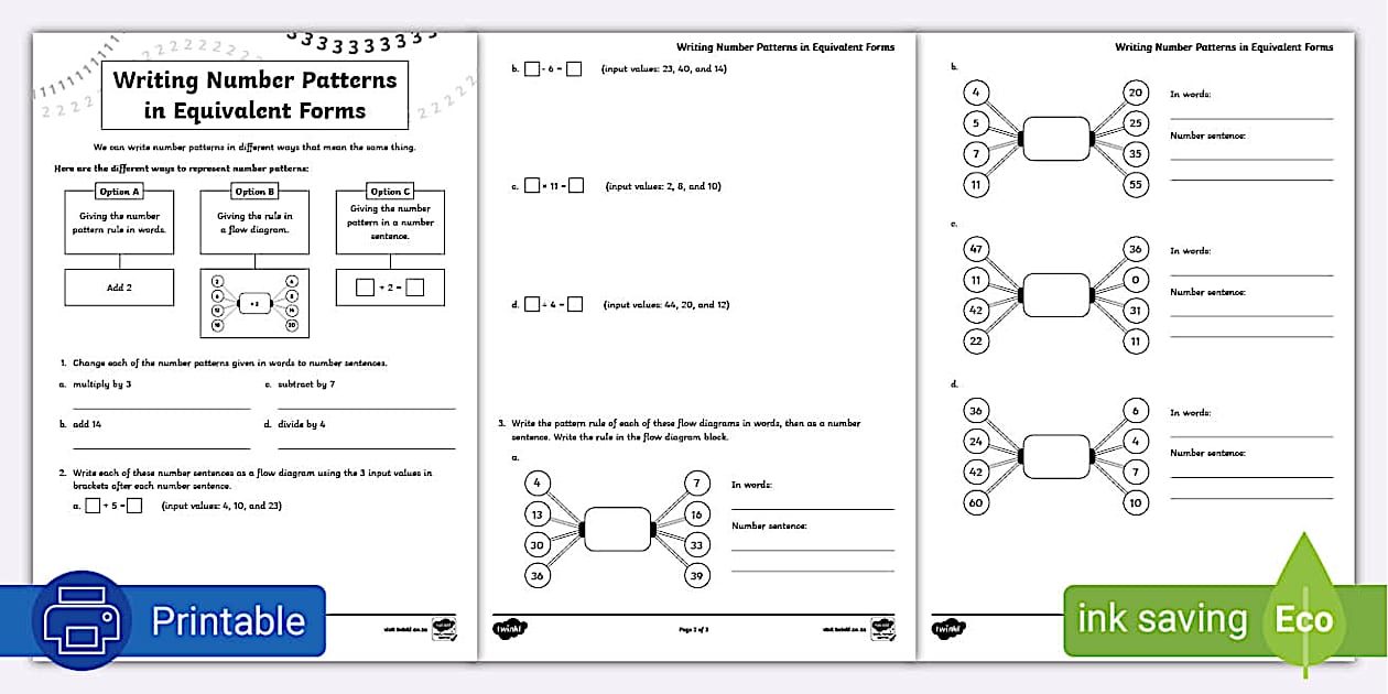 Writing Number Patterns in Equivalent Form Activity Sheet