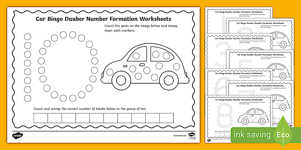 Car Bingo Dauber Number Formation Worksheets Twinkl
