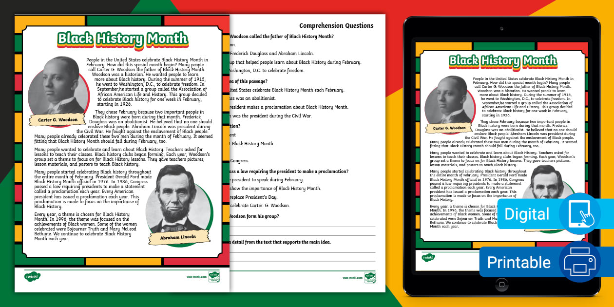 Black History Month Reading Comprehension Worksheet Twinkl
