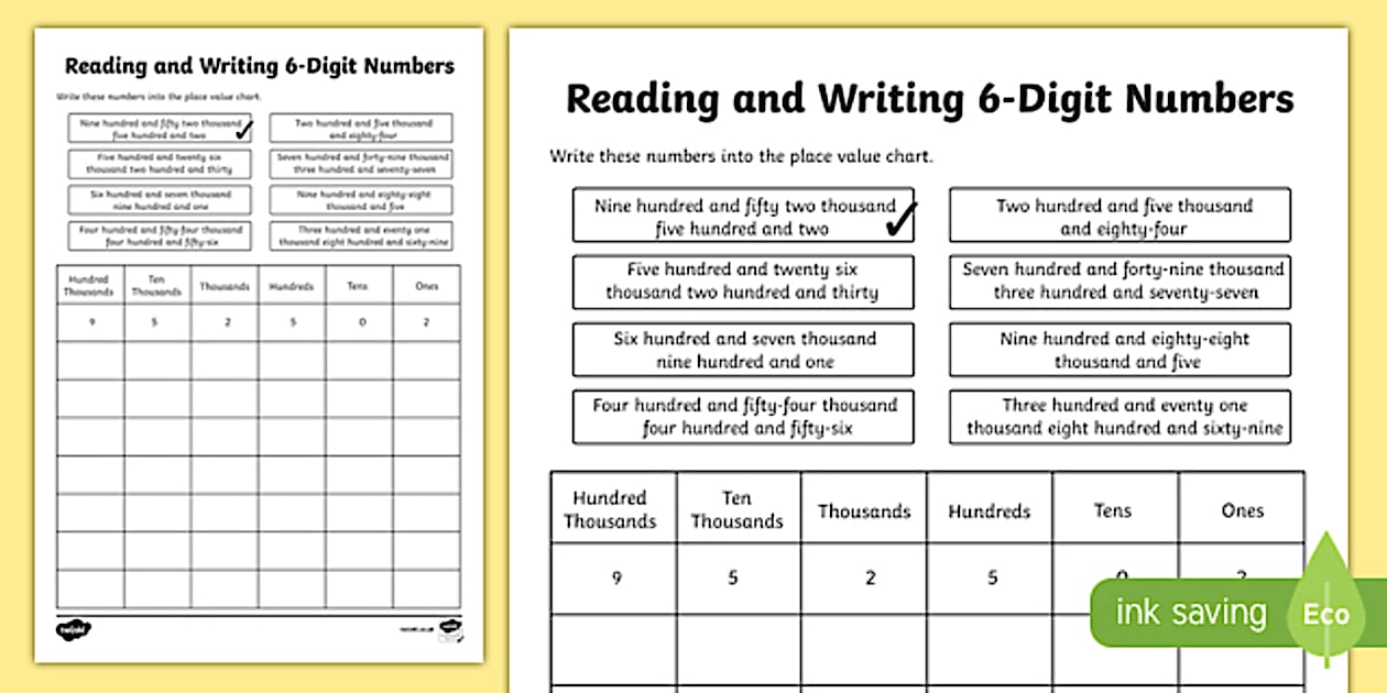 6-Digit Numbers – Place Value Reading and Writing Worksheet