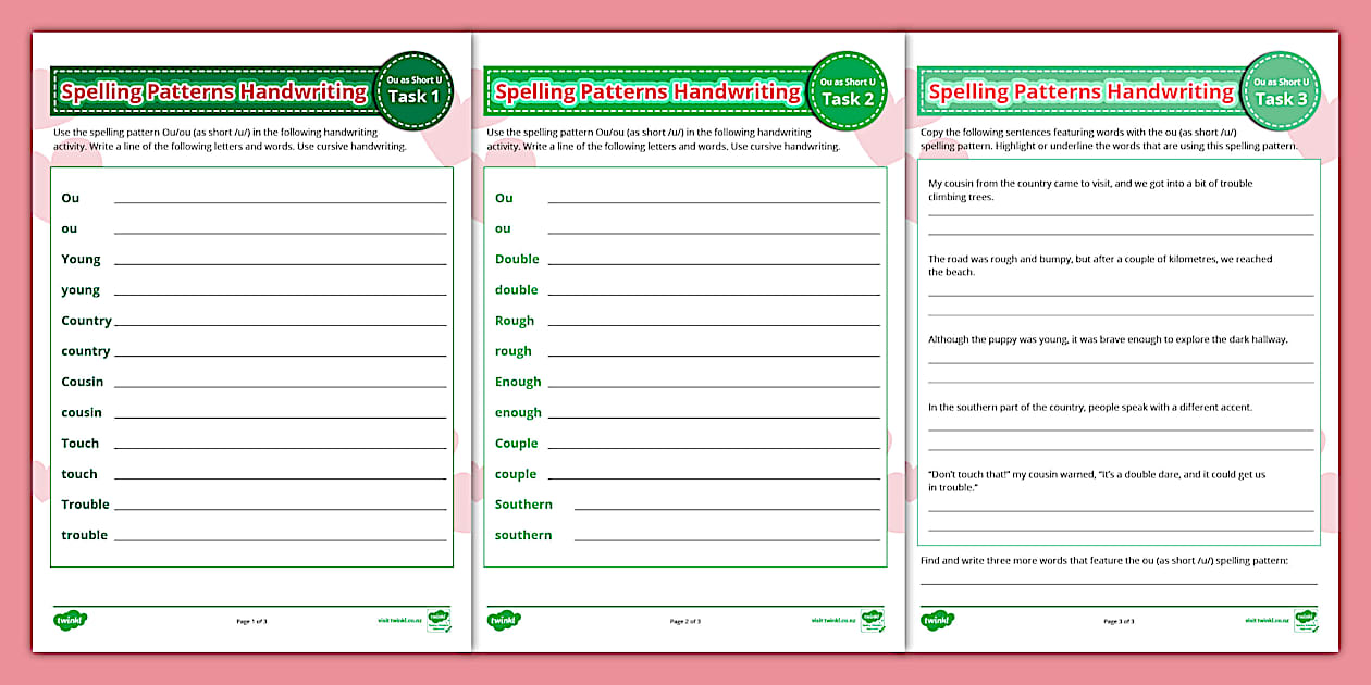 Year 7-8 Ou/ou (as short u) Spelling Patterns Handwriting