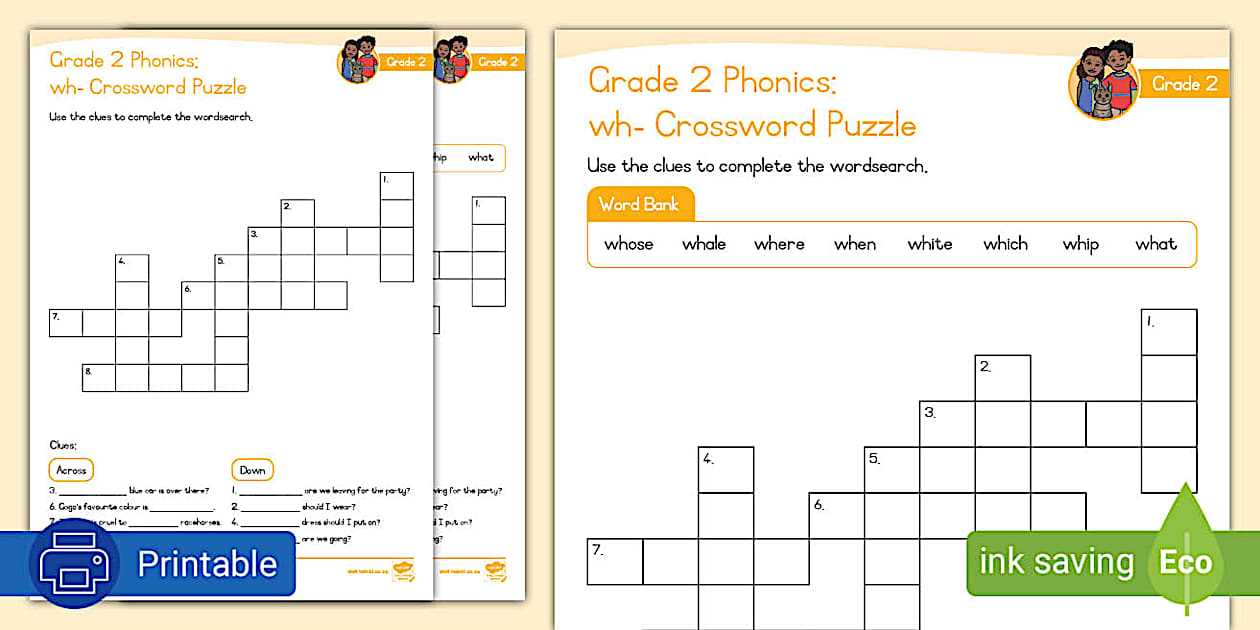 Grade 2 Phonics: wh Crossword Puzzle (teacher made)