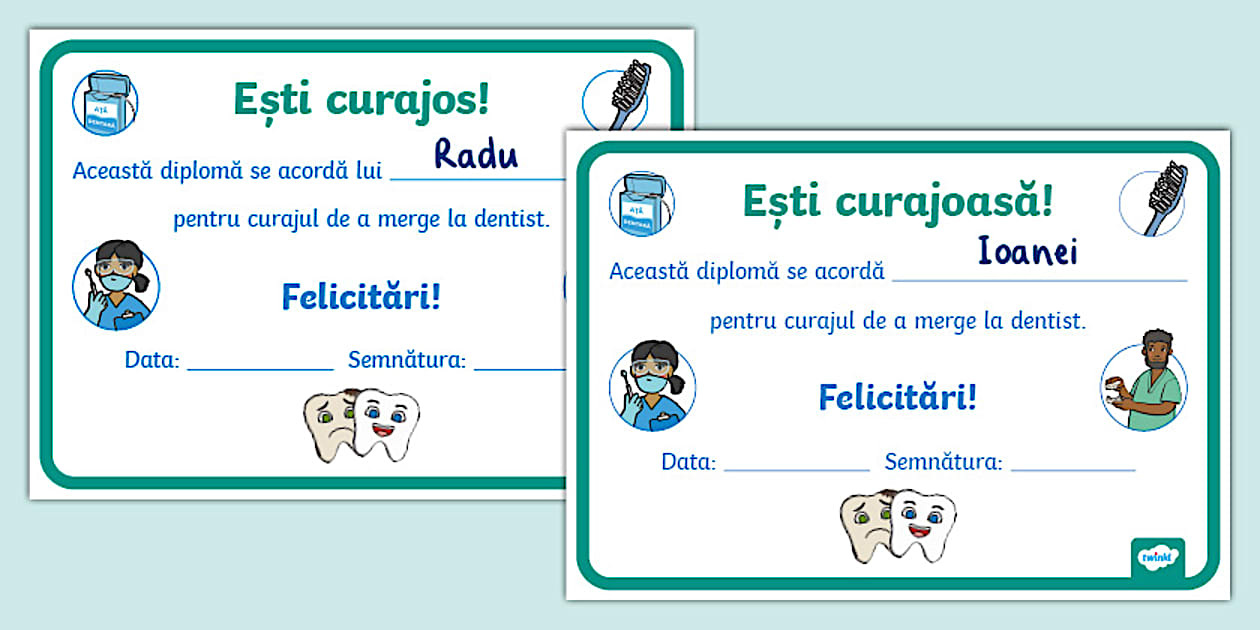 Diplomă pentru curajul de a merge la dentist - Twinkl