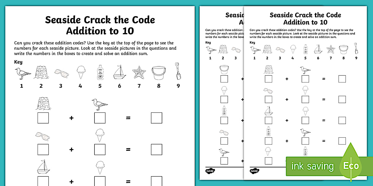 Editable Seaside Crack the Code Addition to 10 Worksheets