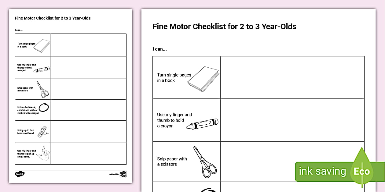 Fine Motor Developmental Checklists for 2 to 3 years