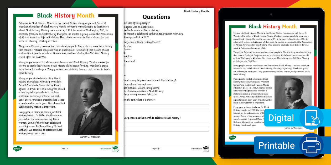 Third Grade Black History Month Reading Comprehension