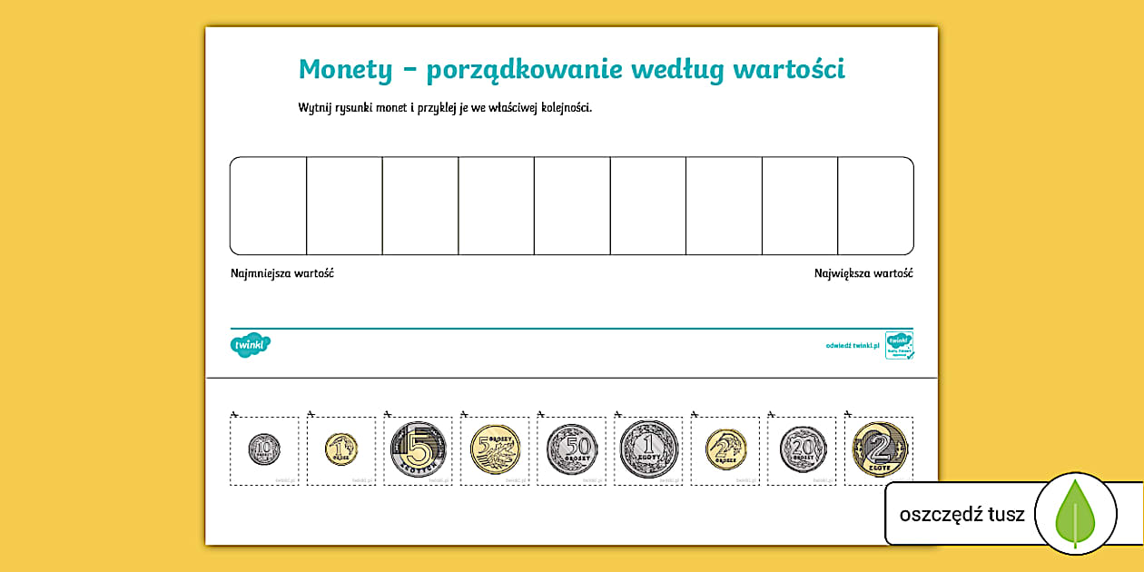 Polskie monety | Uporządkuj i przyklej | Karta pracy