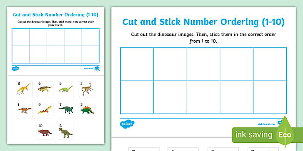 Black and White Dinosaur-Themed Cut and Stick Number Ordering Sheets 1-10