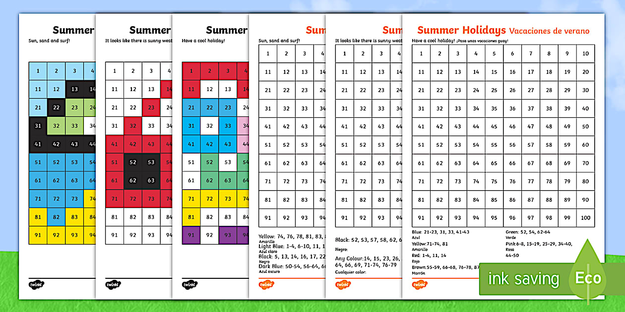 Summer holidays colour by number 100s chart worksheet worksheets