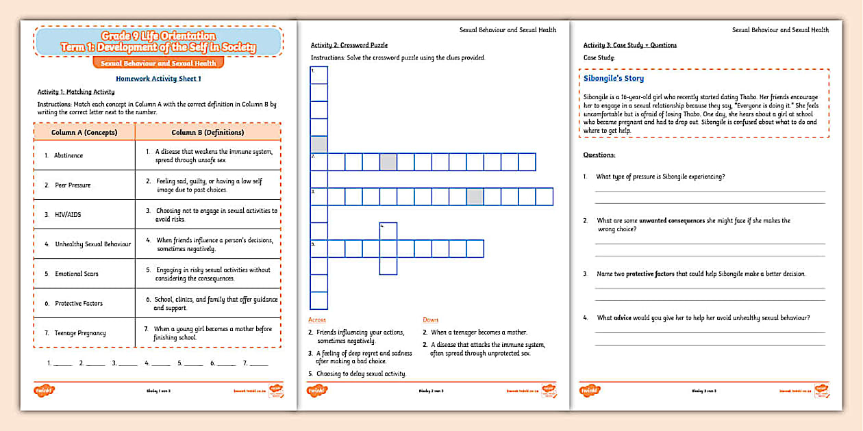 Grade 9 Life Orientation Sexual Behavior and Sexual Health Homework ...