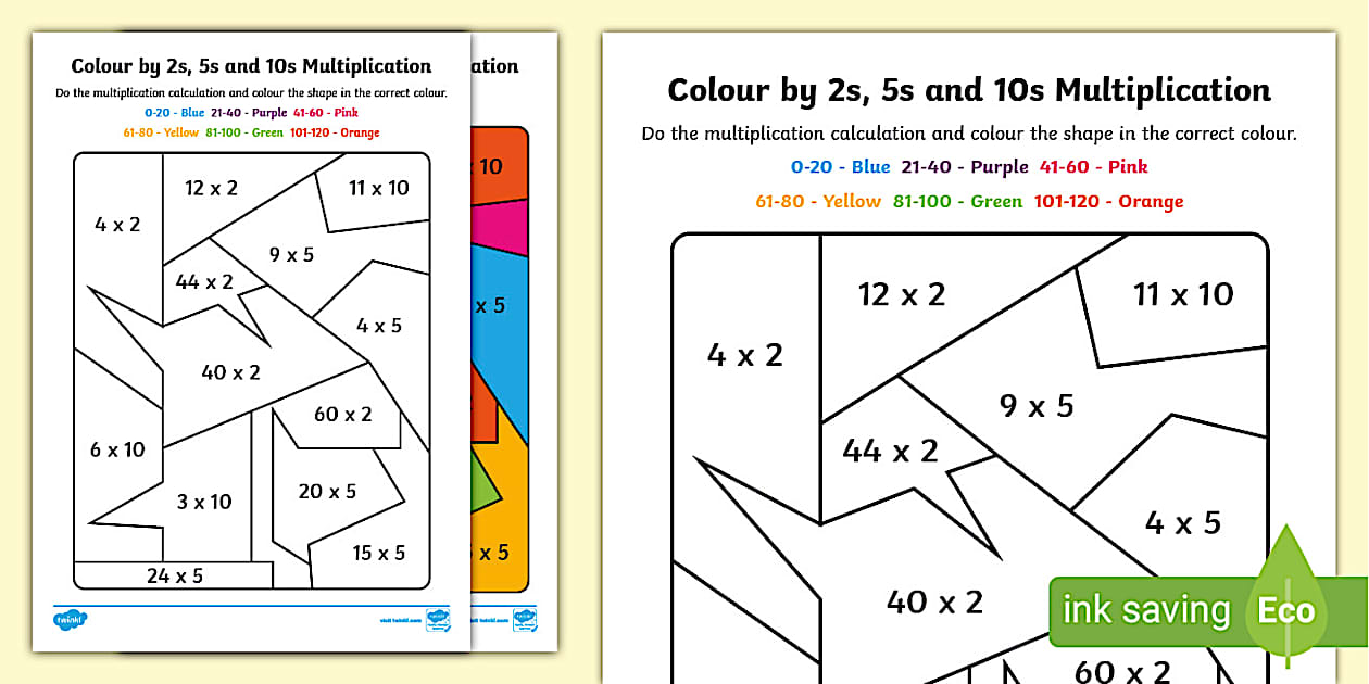 Mixed Colour by 2s 5s and 10s Multiplication Worksheet / Worksheet