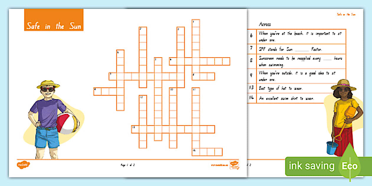 Safe in the Sun Crossword (teacher made) Twinkl