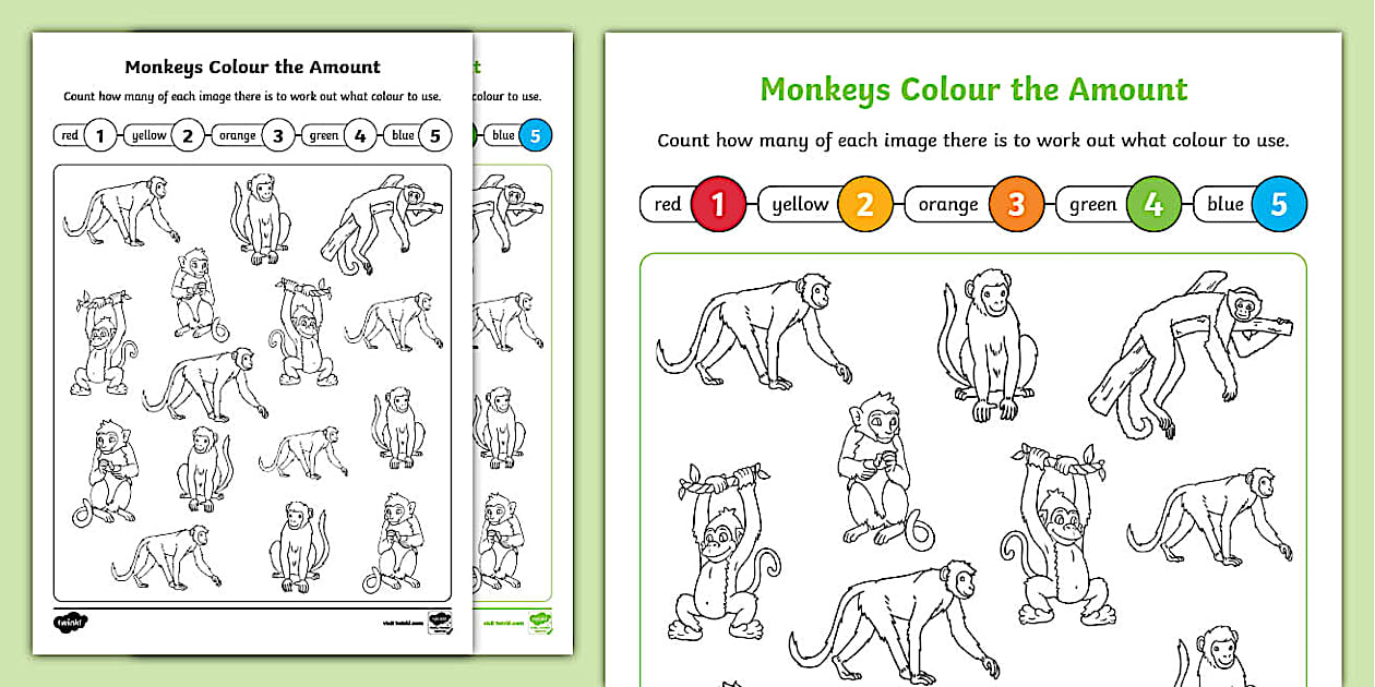 👉 Monkeys Colour the Amount Worksheet (teacher made)