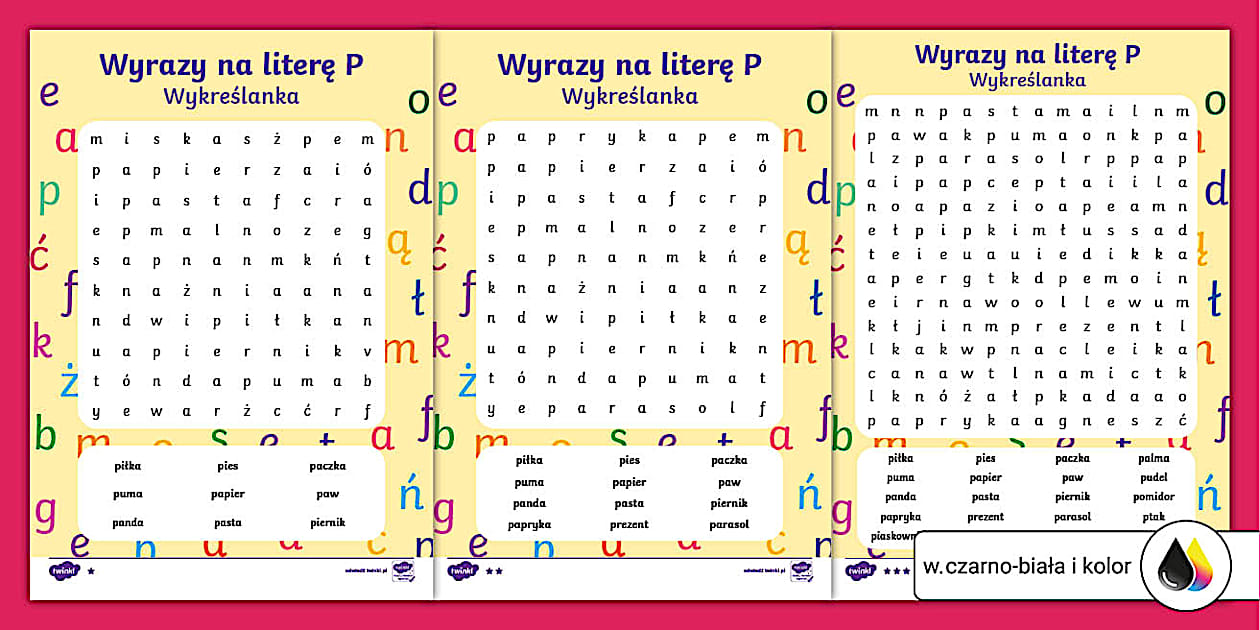 Wyrazy na literę P | Wykreślanka | Alfabet i litery