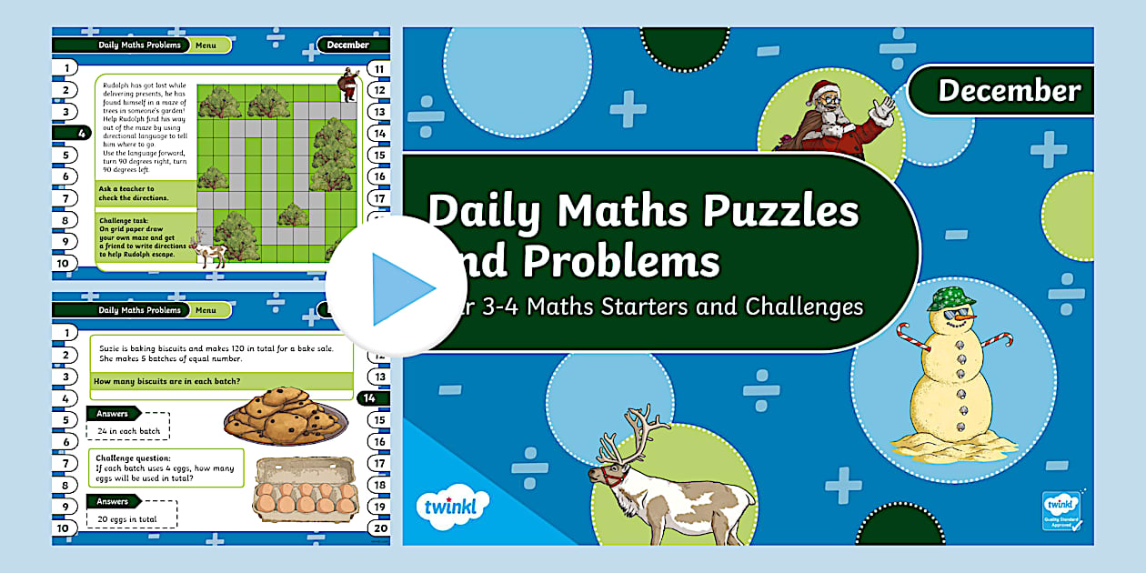 December Year 3/4 Maths Puzzle and Problem Starters - Twinkl
