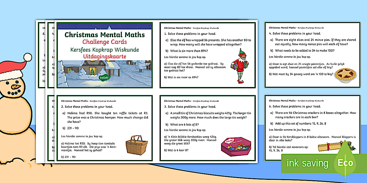 Christmas Mental Maths Challenge Cards English/Afrikaans