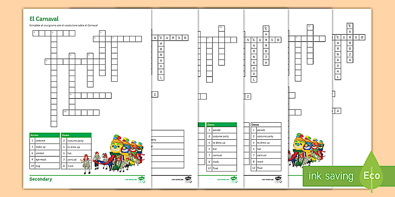 Black and White Carnival Vocabulary Differentiated Crossword Spanish
