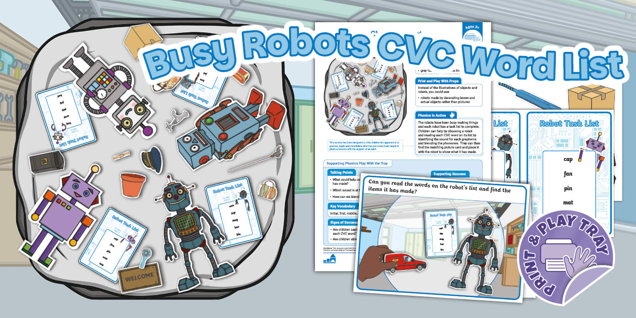 Busy Robots CVC Word List Print and Play Tray | Twinkl