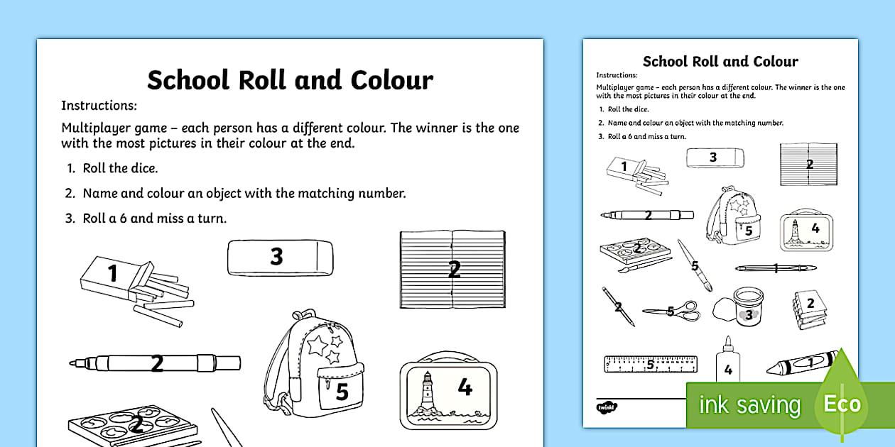 The School Aistear Roll and Colour Game Worksheet - Twinkl