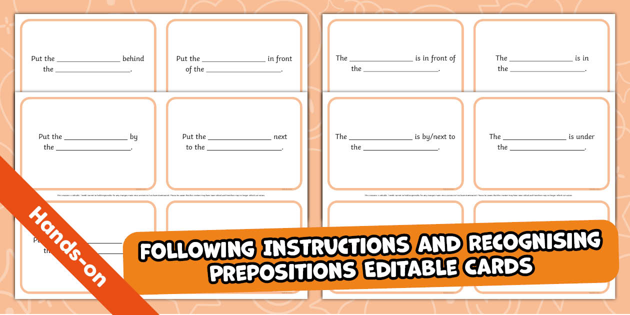 Following Instructions and Recognising Prepositions Editable Cards