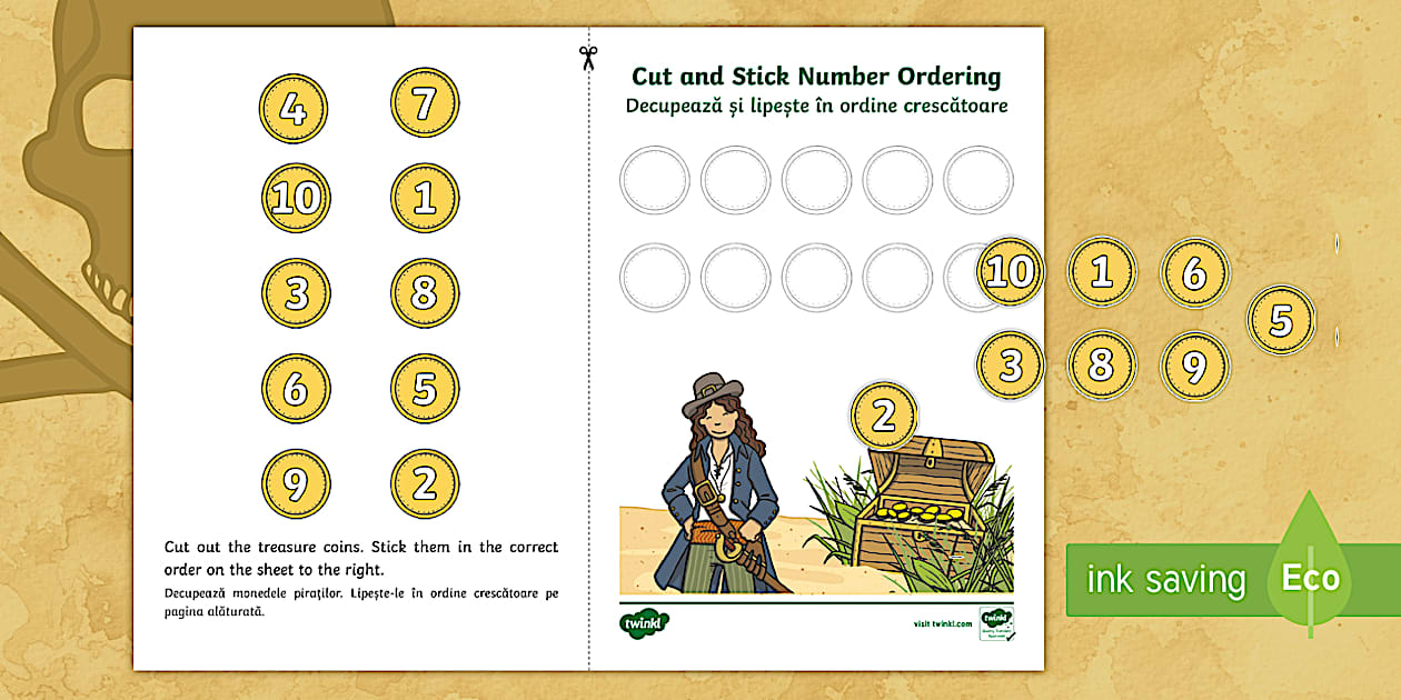 Black and White Pirate Themed Cut and Stick Number Ordering 1 10 Activity