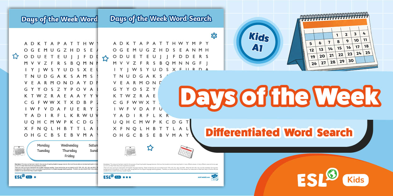 ESL Days of the Week Word Search