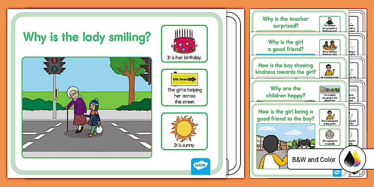 Acts of Kindness Cause and Effect Scene and Question Cards for K-2nd Grade