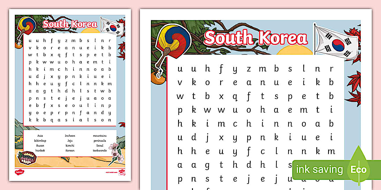 South Korea Word Search, South Korea, Asia (teacher made)