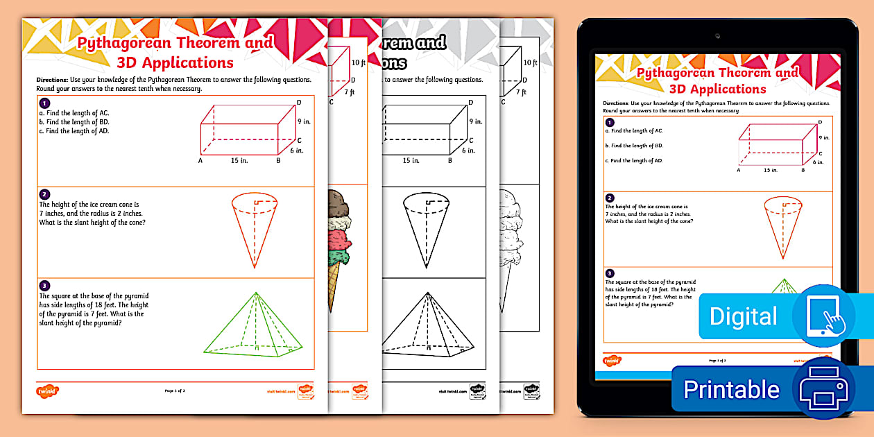 Eighth Grade Pythagorean Theorem and 3D Applications Worksheet