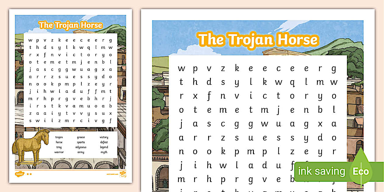 Black and White The Trojan Horse Word Search Twinkl