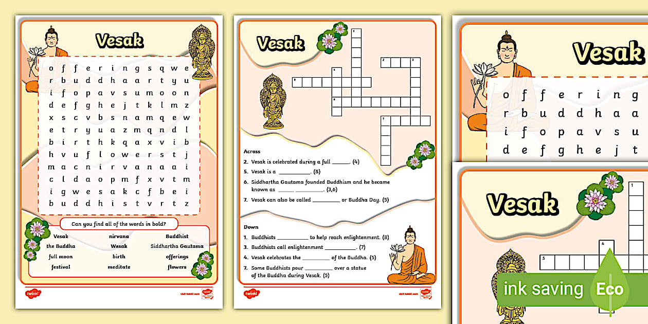 Vesak Key Stage 1 Word Search and Crossword (teacher made)
