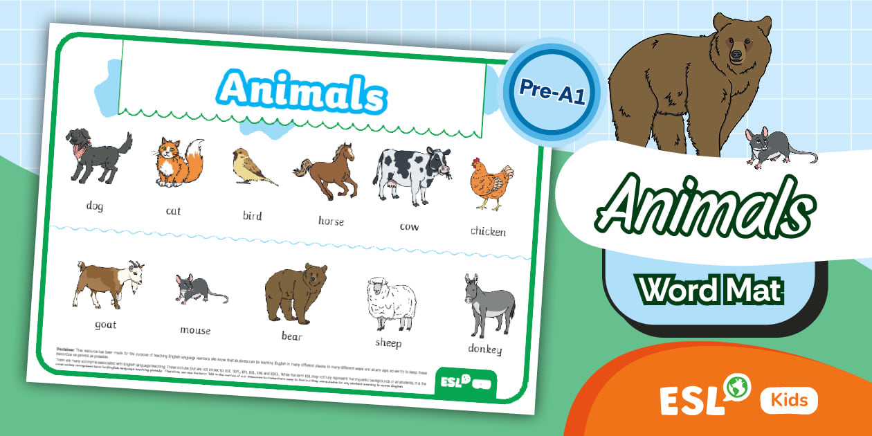 ESL Animals Word Mat for Kindergarten (teacher made)