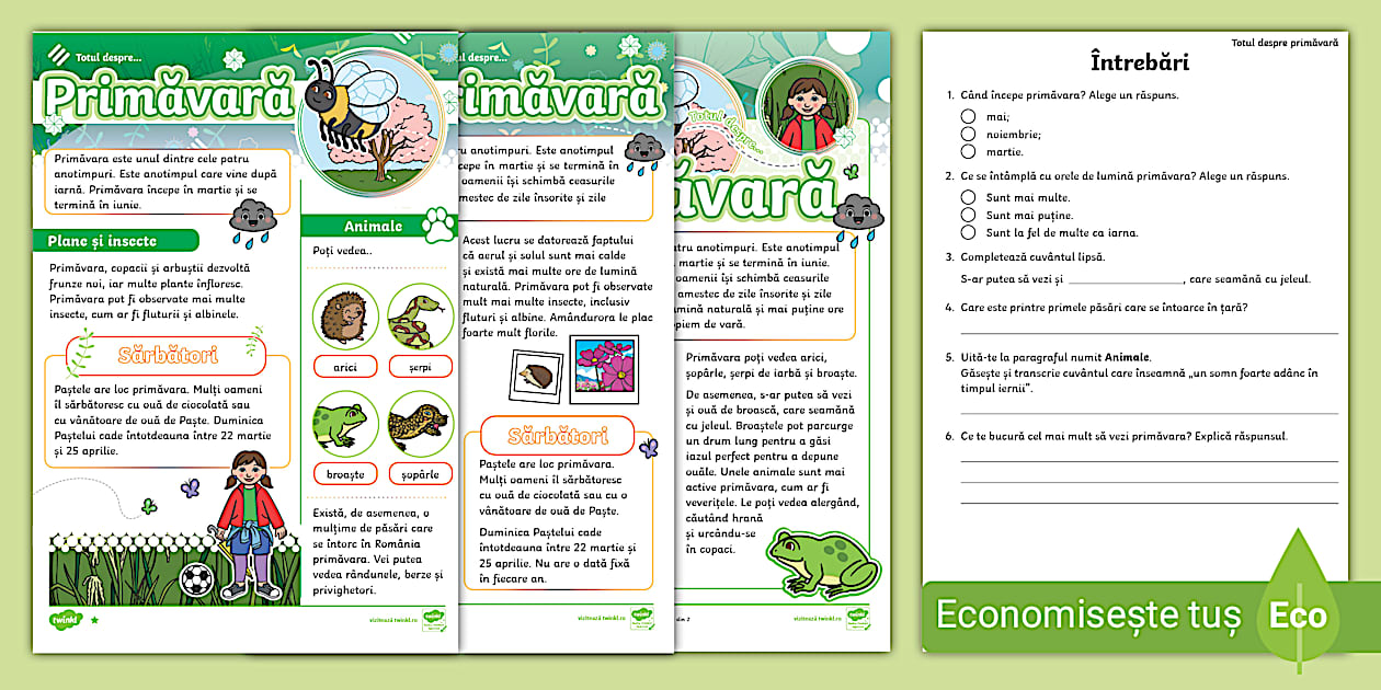 Primăvara – Fișe de lectură diferențiate - Twinkl