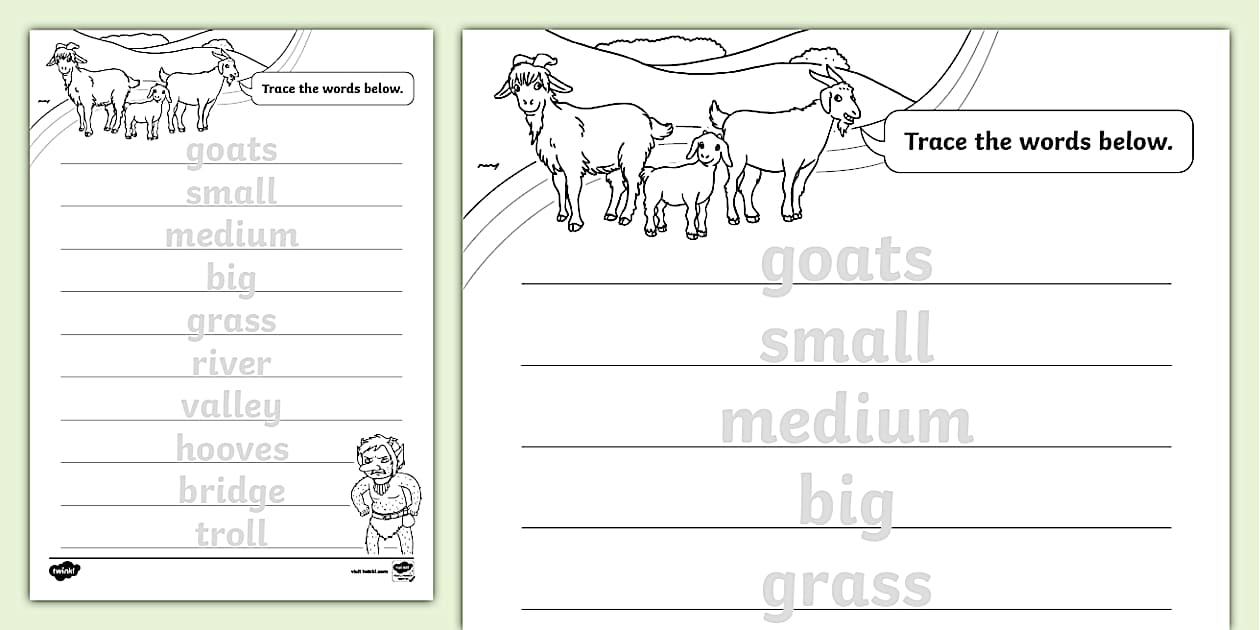 Precursive The Three Billy Goats Gruff Trace the Words Worksheets