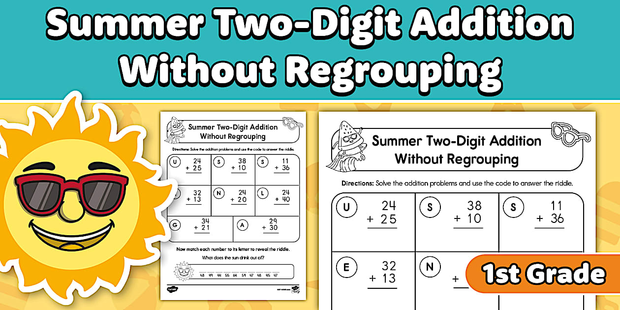 First Grade Summer Two-Digit Addition Without Regrouping Worksheet