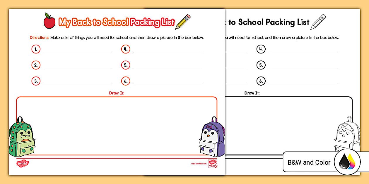 Kindergarten Back to School Packing List Writing Center