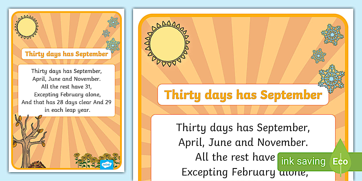 30 Days Has September Nursery Rhyme Poster Display Twinkl