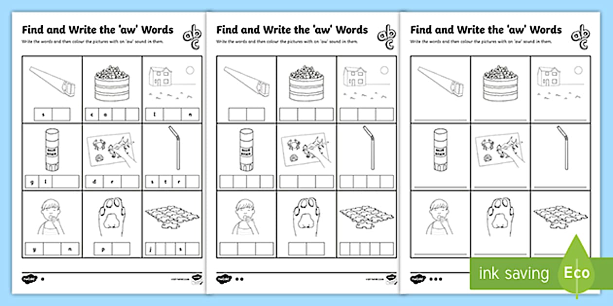 Find and Write the aw Phonics Worksheets - Phonics Resources