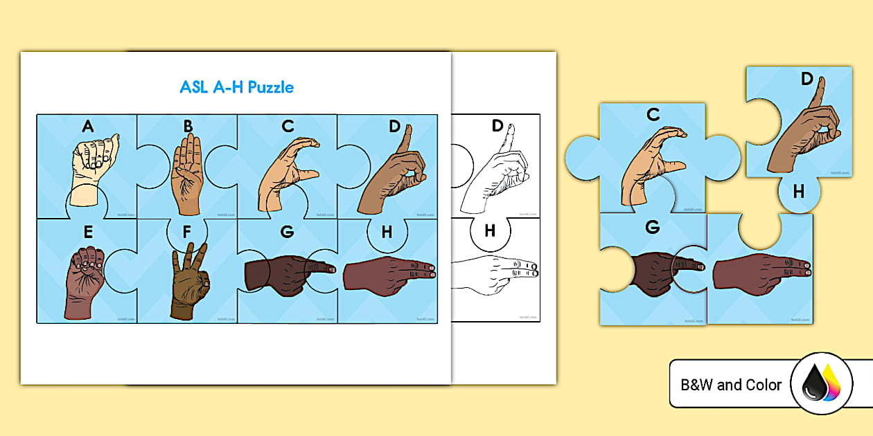 ASL Letters A-H Puzzle Worksheet (Teacher-Made) - Twinkl