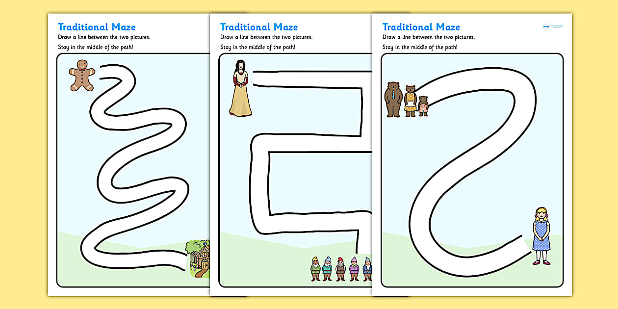 Black and White Traditional Tales Pencil Control Path Worksheets
