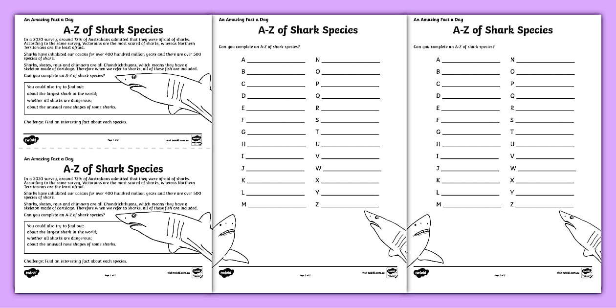 Shark Species Alphabet Worksheet - Year 4-5 Science - Twinkl