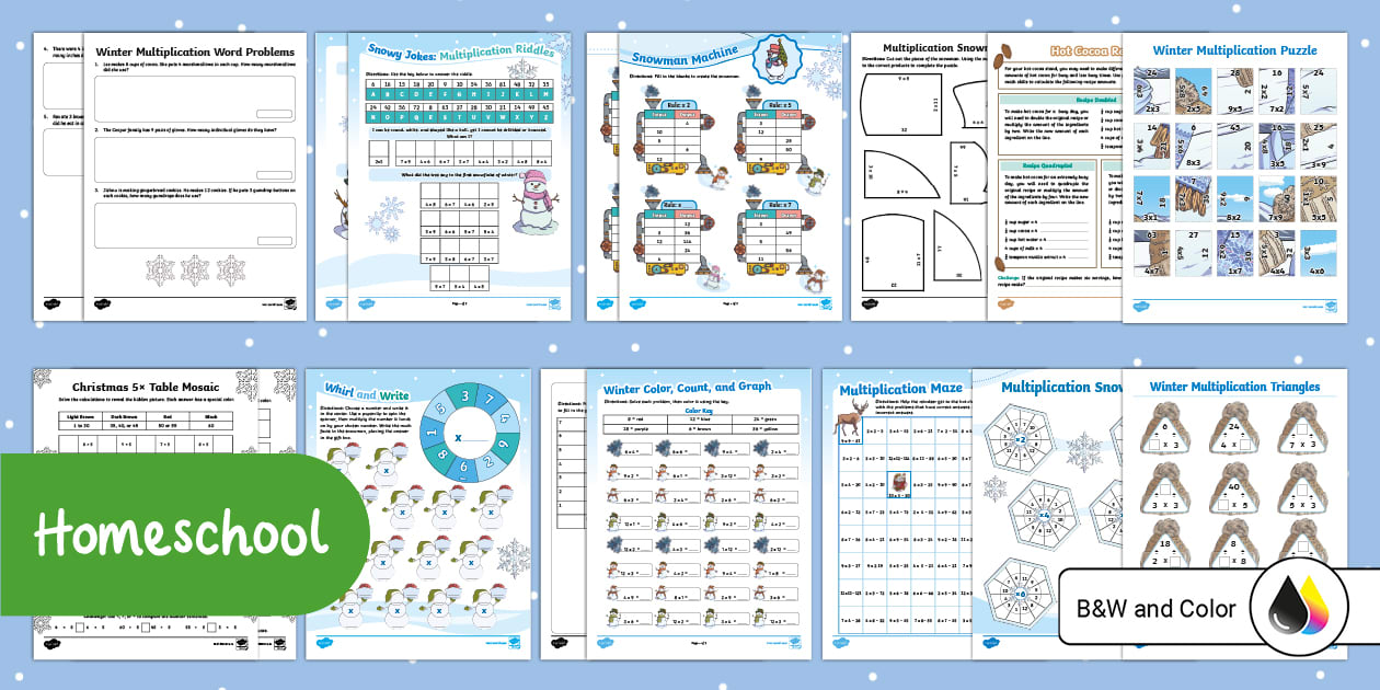 Winter Multiplication Worksheet Practice Pack for Homeschool