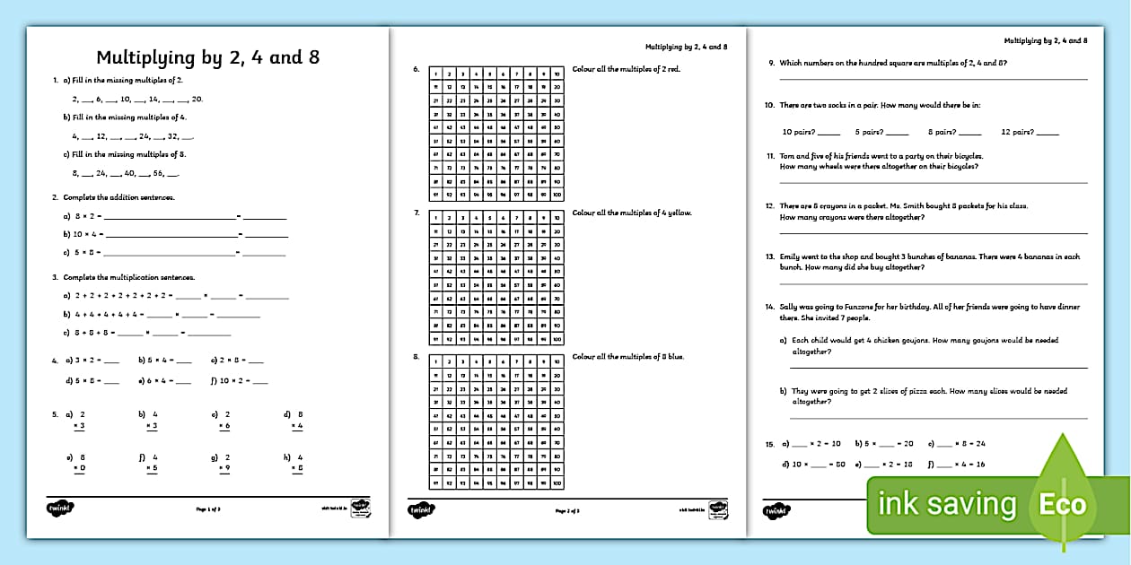 Multiplying by 2, 4 and 8 Worksheets (teacher made) - Twinkl