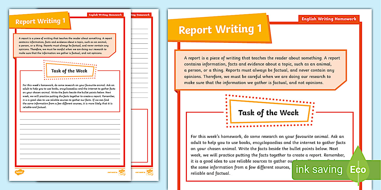 English Writing Homework Report 1 3rd/4th Class - Twinkl