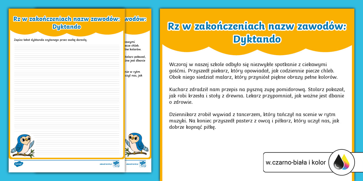 Dyktando Klasa 2 Rz Po Spółgłoskach Sówka Ortografka | Rz w zakończeniach nazw zawodów | Dyktando