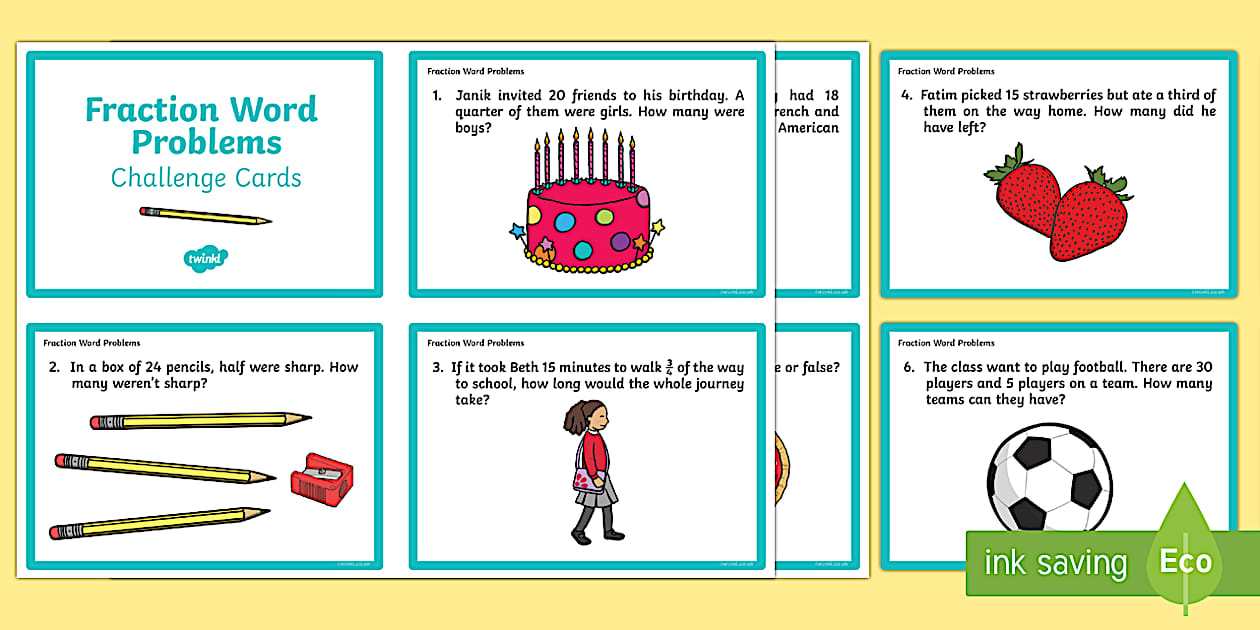 Year 2 Fractions Word Problems Challenge Cards - Twinkl