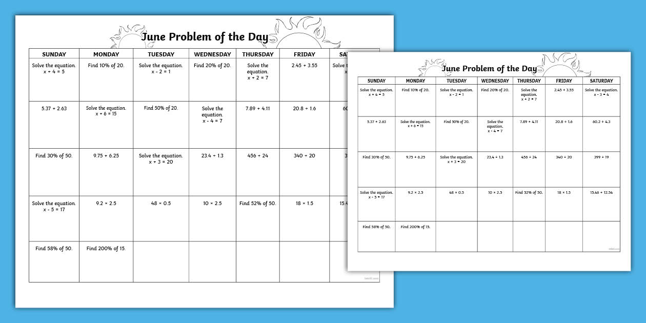 Sixth Grade 2025 Math Problem of the Day June Calendar