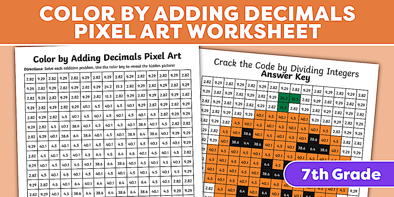Seventh Grade Math Color by Adding Decimals Pumpkin Printable Pixel Art