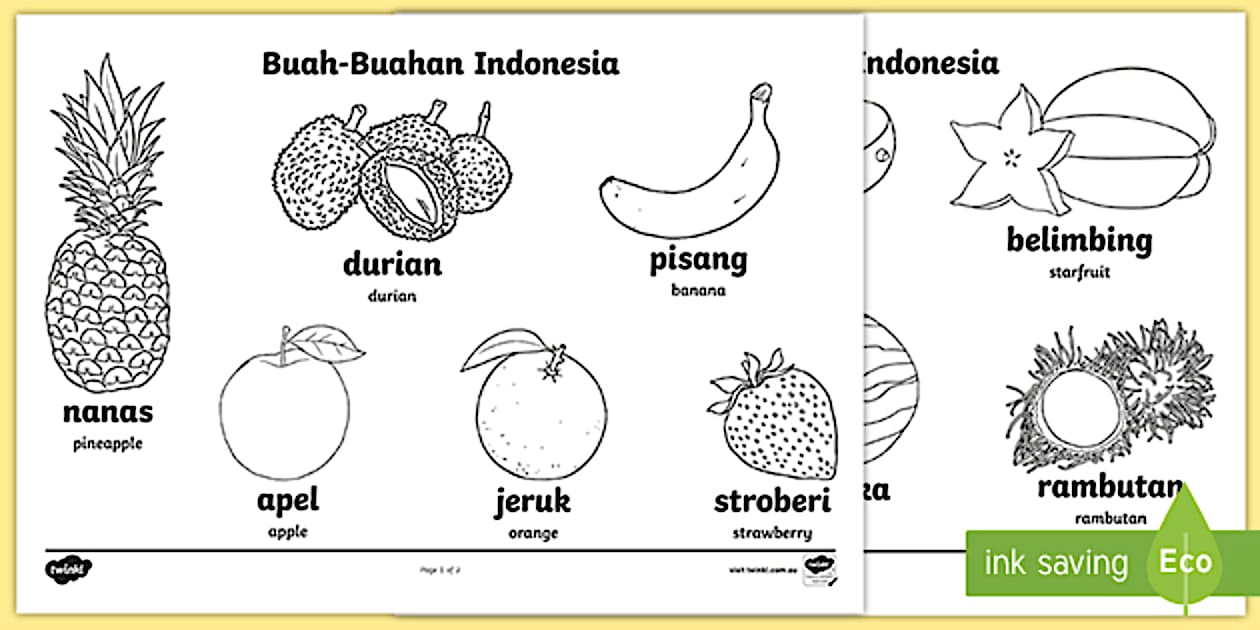 Tas fruit words colouring sheet indonesian english twinkl